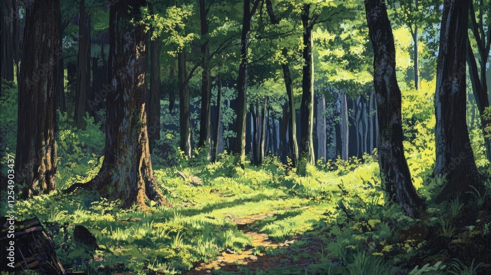 Fototapeta premium Vibrant forest in summer with a variety of tree species and dappled light