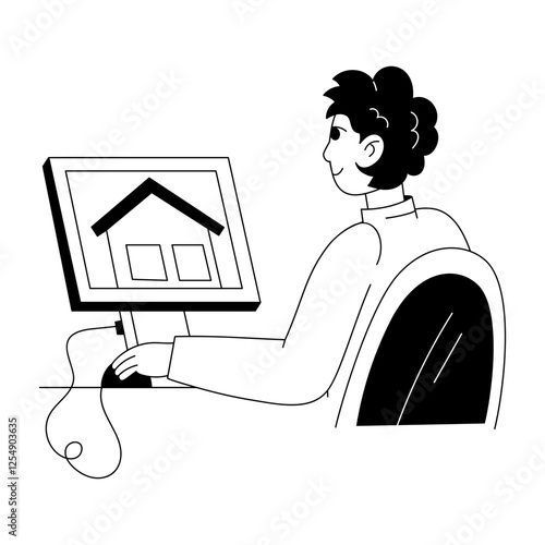 A glyph illustration of a character seeing an online house on a system 
