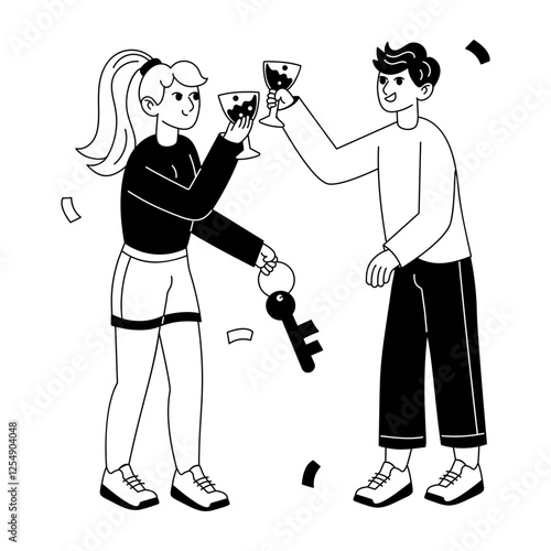 A glyph illustration of two characters doing cheers at a housewarming party 

