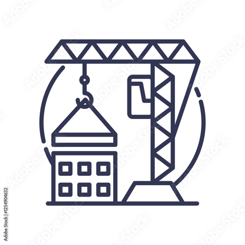 Line art of a construction crane lifting a building block, symbolizing urban development.