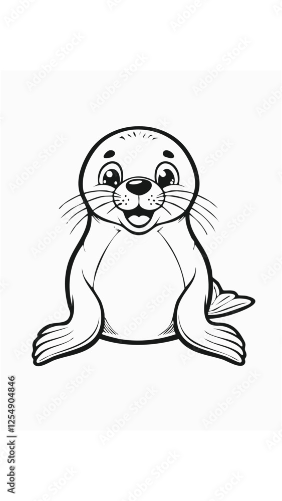 Fototapeta premium Cute Seal Animal Coloring Kid Book Page in Black and White. Monochrome and Colored Samples 