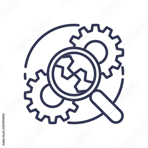 Magnifying glass over gears symbolizes detailed examination and analysis.