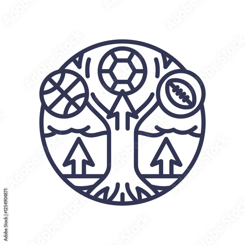 Tree with sports balls symbolizes growth and development in sports.