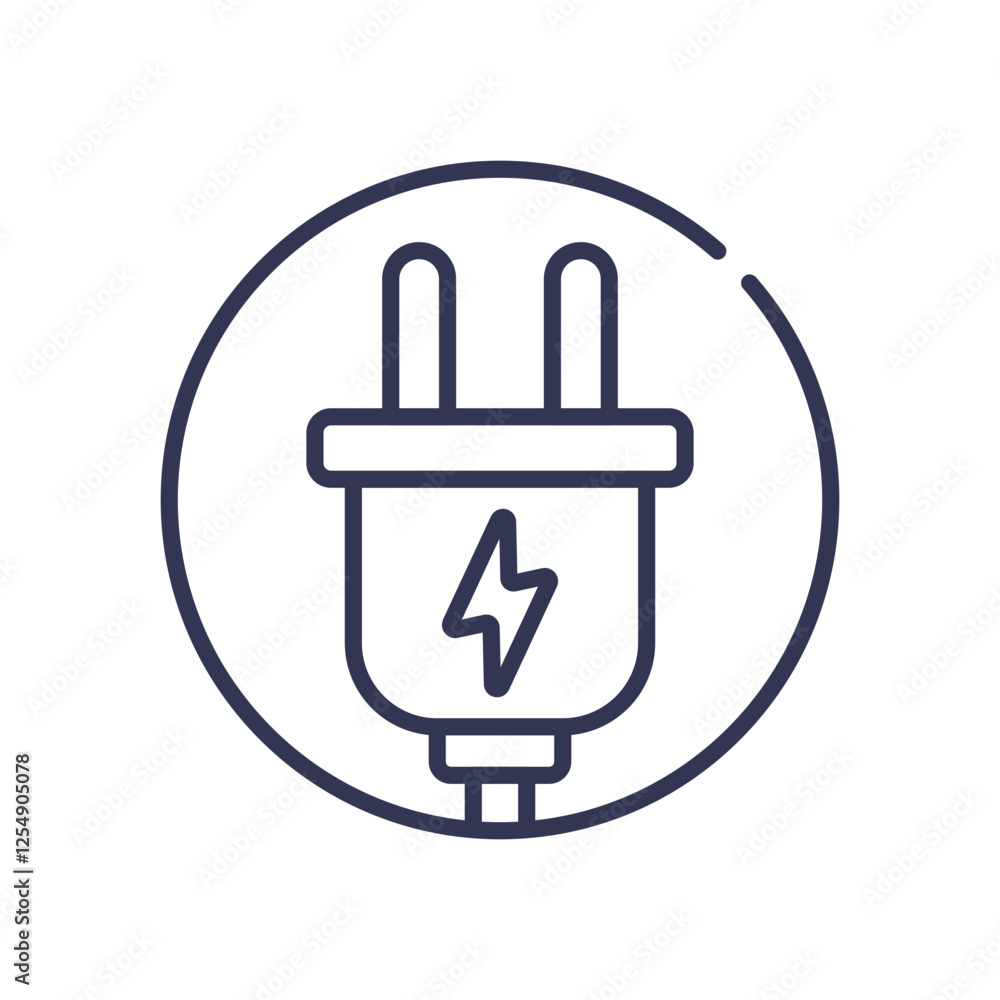 Line art of an electric plug with a lightning bolt, symbolizing energy supply. Line art of an electric plug with a lightning bolt, symbolizing energy supply.