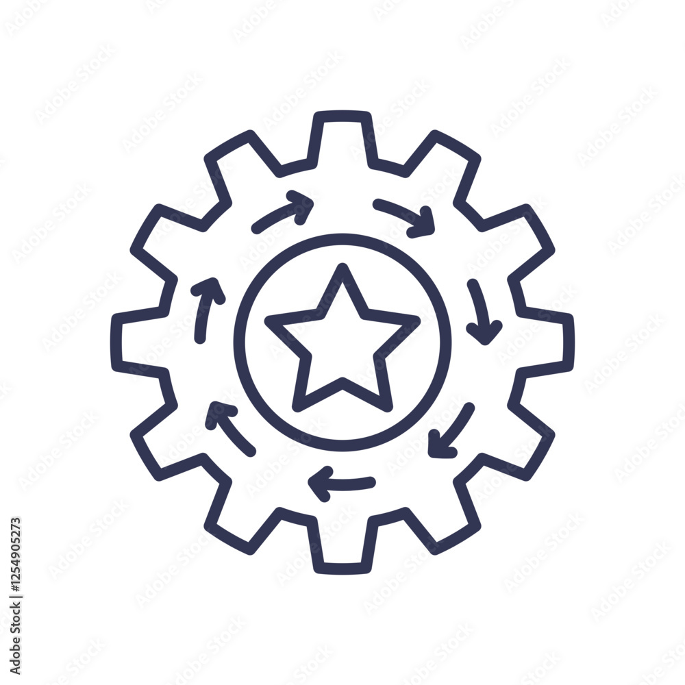 Gear with arrows and star symbolizes innovation and continuous improvement. Gear with arrows and star symbolizes innovation and continuous improvement.