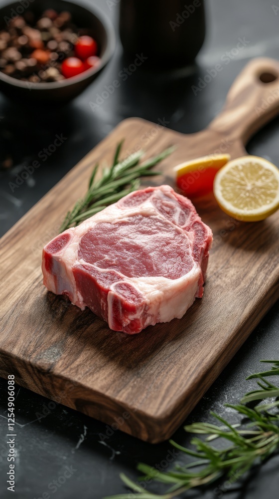 Fresh beef steak with herbs and spices displayed on a wooden cutting board in a kitchen setting Fresh beef steak with herbs and spices displayed on a wooden cutting board in a kitchen setting