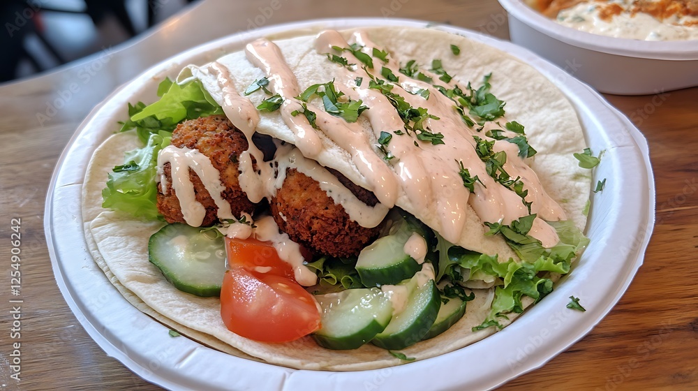 A Delicious Falafel Wrap with Lettuce, Tomato, and Cucumber – Fresh and Flavorful Mediterranean Delight A Delicious Falafel Wrap with Lettuce, Tomato, and Cucumber – Fresh and Flavorful Mediterranean Delight