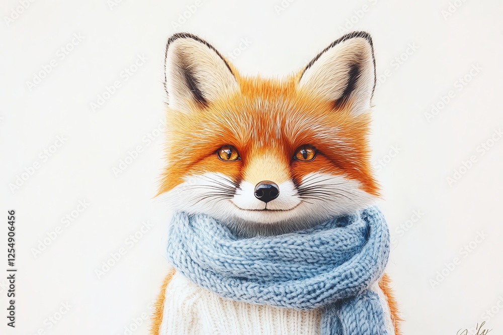 Fototapeta premium Adorable little red fox cub with golden eyes, wearing a blue scarf and white sweater, in a plush art style. Hand-embroidered, soft colors, perfect for nursery decor and whimsical designs