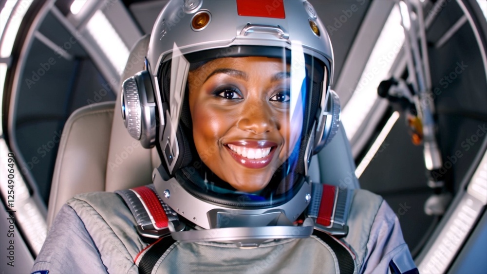 Afro-American Astronaut in interstellar vessel, visor reflects starlight. Woman adapts to cosmic travel. Astronaut leads deep-space missions. Woman thrives in space. Afro-American Astronaut in interstellar vessel, visor reflects starlight. Woman adapts to cosmic travel. Astronaut leads deep-space missions. Woman thrives in space.