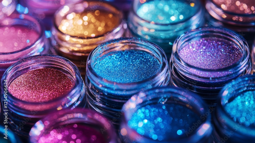 elegant beauty product display, fine sparkle powders in glass jars, opalescent particles, rainbow metallic hues, high-end cosmetic styling, ethereal lighting, macro detail capture elegant beauty product display, fine sparkle powders in glass jars, opalescent particles, rainbow metallic hues, high-end cosmetic styling, ethereal lighting, macro detail capture
