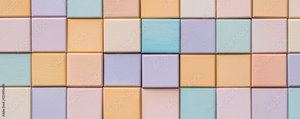 Close-up of pastel-colored wooden cubes stacked in an artistic grid, creating a dynamic and colorful texture Close-up of pastel-colored wooden cubes stacked in an artistic grid, creating a dynamic and colorful texture
