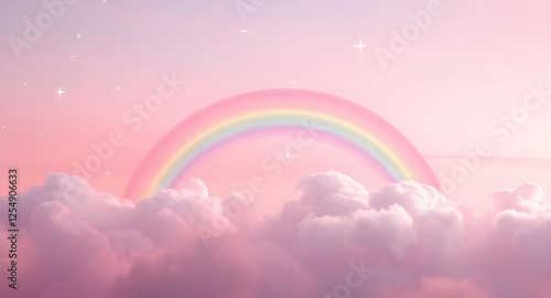 Whimsical Pastel Rainbow Background with Sparkling Stars, Vibrant Pink Clouds, and Soft Fantasy Sky, Iridescent Gradient Backdrop