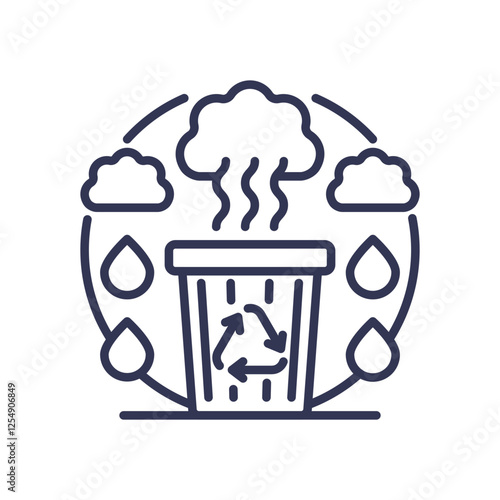Trash bin with recycling symbol, clouds, and raindrops, symbolizing waste decomposition emissions.