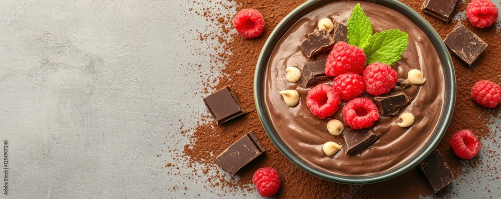 Decadent chocolate dessert topped with fresh raspberries and mint leaves, served in a small bowl, surrounded by cocoa powder and chocolate chunks Decadent chocolate dessert topped with fresh raspberries and mint leaves, served in a small bowl, surrounded by cocoa powder and chocolate chunks