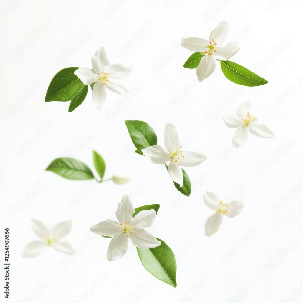 Fototapeta premium White flowers, leaves, floating, white background, floral design