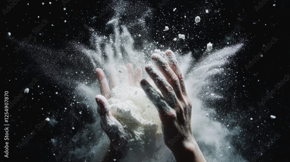 baking powder explosion, white dust cloud, dramatic flour burst, black void background, hands movement capture, culinary art photography, suspended particles, dynamic action shot baking powder explosion, white dust cloud, dramatic flour burst, black void background, hands movement capture, culinary art photography, suspended particles, dynamic action shot