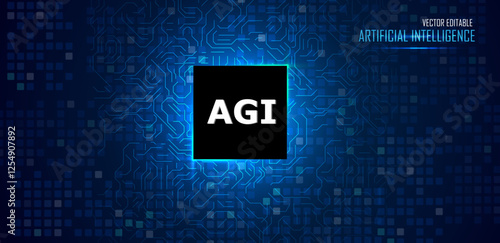 Artificial General Intelligence concept. Microchip with electric circuit board technology on blue background
