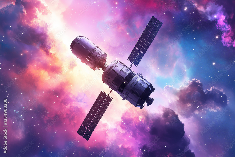 Naklejka premium Geometric spacecraft surrounded by watercolor nebula trails in a vibrant cosmic landscape