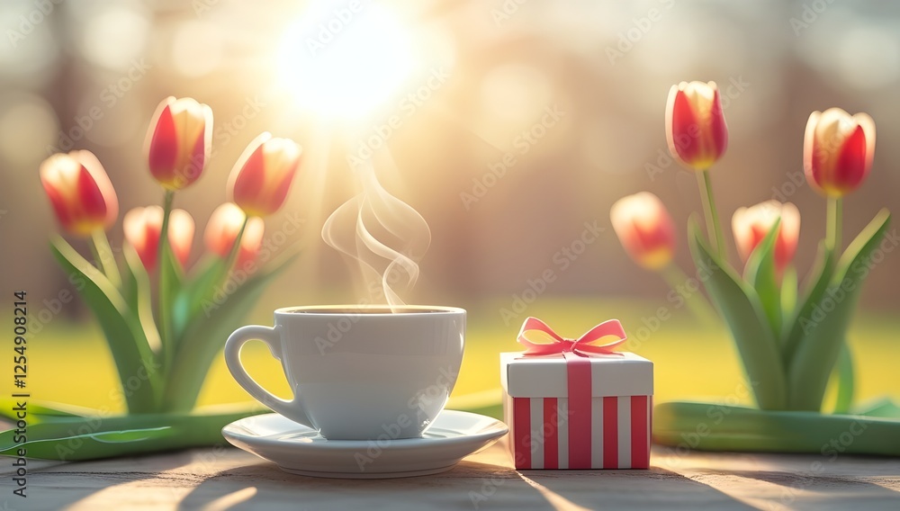 spring sunlight bokeh with coffee cup chocolates and tulips for womens day march 8th spring sunlight bokeh with coffee cup chocolates and tulips for womens day march 8th