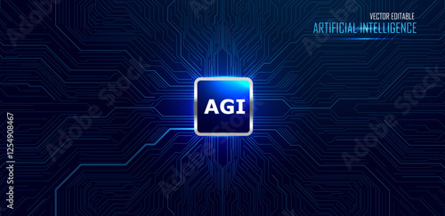 Artificial General Intelligence concept. Microchip with electric circuit board technology on blue background