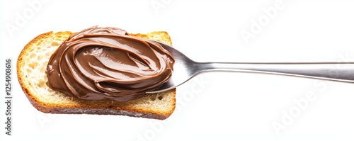 Indulgent chocolate spread swirled over a fluffy slice of bread, with a shiny spoon adding depth and contrast to the composition photo