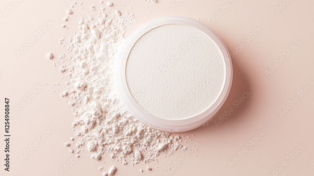 Top view of smooth white rice face powder isolated, delicate loose powder circle, soft scattered edges, minimal composition, beauty product photography, clean pure background Top view of smooth white rice face powder isolated, delicate loose powder circle, soft scattered edges, minimal composition, beauty product photography, clean pure background