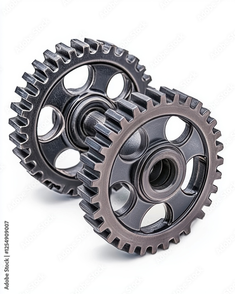 Two interconnected gears with teeth, showcasing a mechanical design, likely used for power transmission in various machines. Two interconnected gears with teeth, showcasing a mechanical design, likely used for power transmission in various machines.