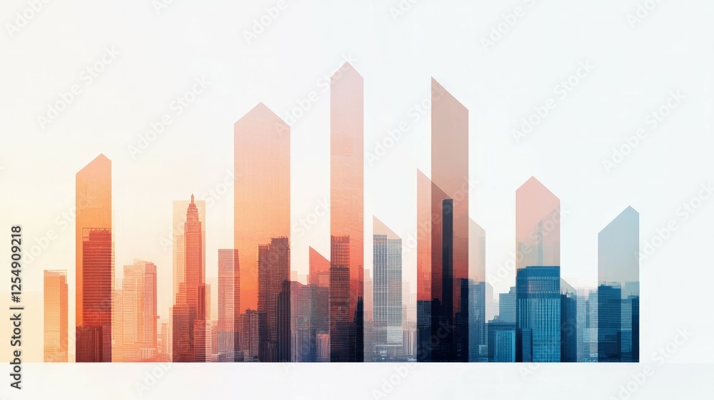 Obraz premium A modern city skyline with geometric buildings and a gradient color scheme, blending orange and blue hues, creating a dynamic visual effect.