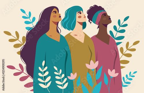 Women's day, gender equality, feminism. Strong women of different skin colors and hairstyles looking up on a floral background. Women's empowerment. Illustration for women's holidays