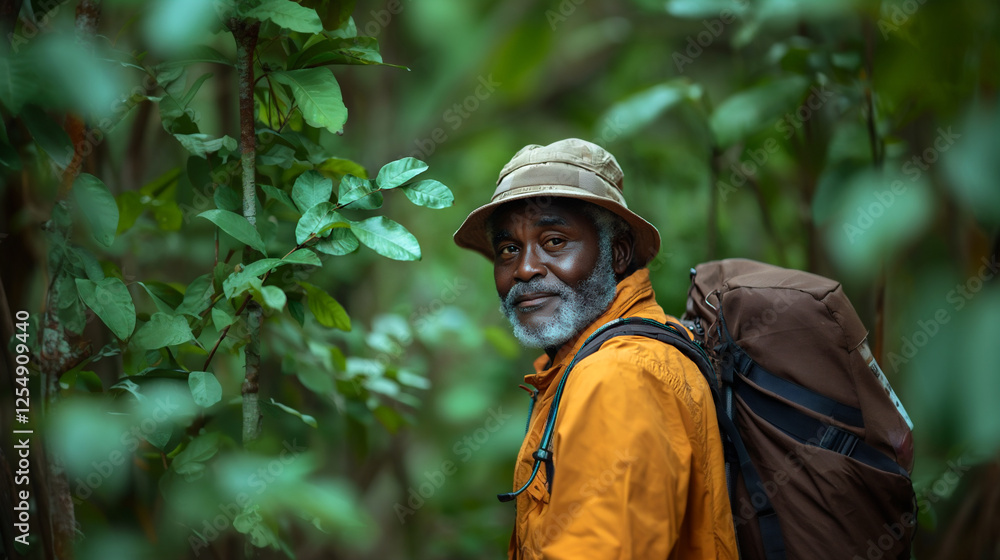 Senior man enjoys a tranquil hiking adventure through lush green forest trails on a sunny day Senior man enjoys a tranquil hiking adventure through lush green forest trails on a sunny day
