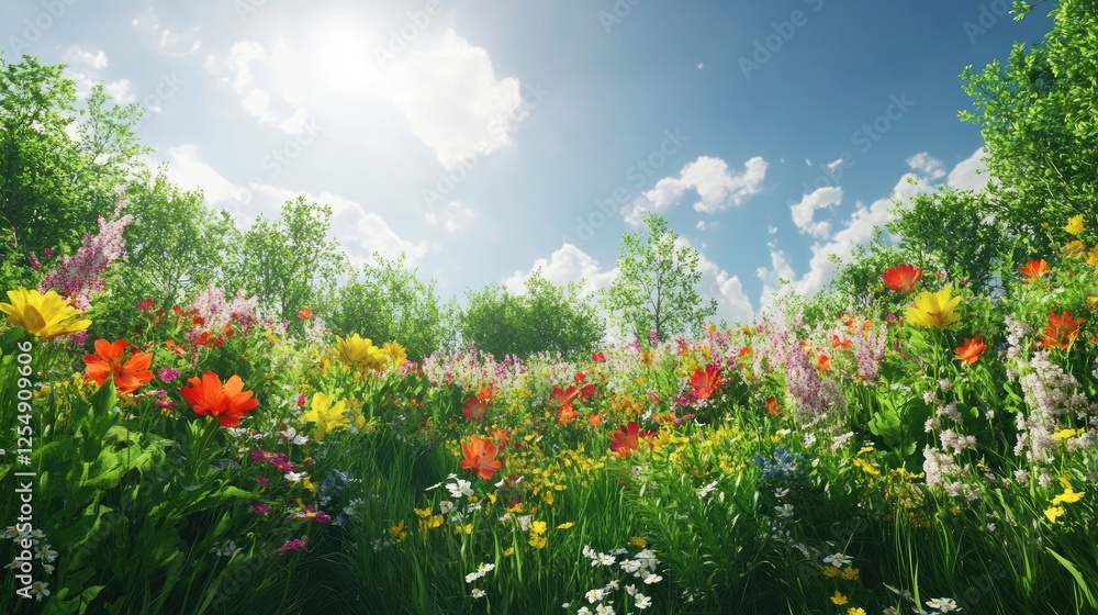 Vibrant spring meadow with lush greenery and vibrant flowers Vibrant spring meadow with lush greenery and vibrant flowers