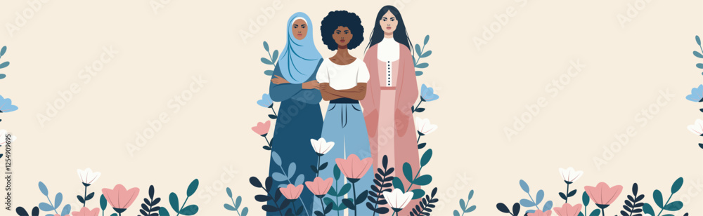 Women's day, gender equality, feminism. Women of different skin colors and hairstyles on a delicate floral background. Women's empowerment. Illustration for women's holidays