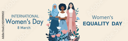 Women's day, gender equality, feminism. Women of different skin colors and hairstyles on a delicate floral background. Gender equality and women's empowerment. Illustration for women's holidays