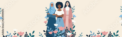 Women's day, gender equality, feminism. Women of different skin colors and hairstyles on a delicate floral background. Women's empowerment. Illustration for women's holidays