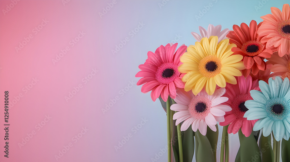 Colorful gerbera daisies with vibrant petals on pastel gradient background Colorful gerbera daisies with vibrant petals on pastel gradient background