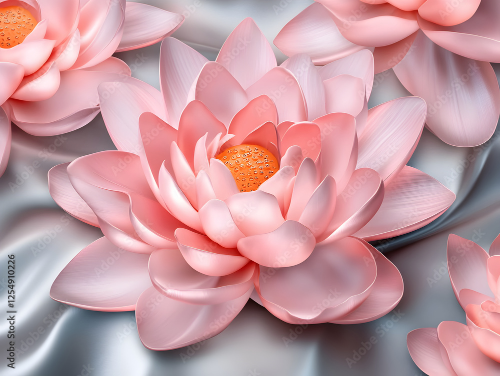 Fototapeta premium Pink lotus flowers with metallic petals glowing on silky background