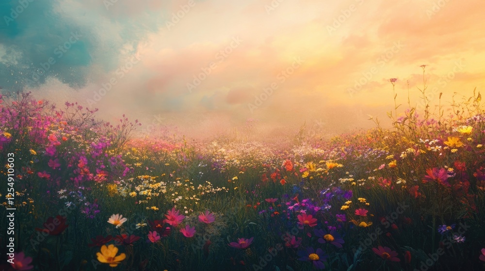 Vibrant summer meadow filled with blooming wildflowers under morning light Vibrant summer meadow filled with blooming wildflowers under morning light