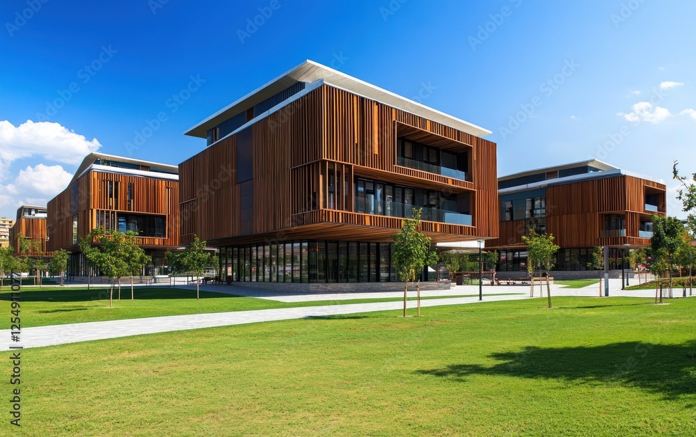 Obraz premium Modern Wooden Architecture Campus: Sustainable Design and Green Spaces