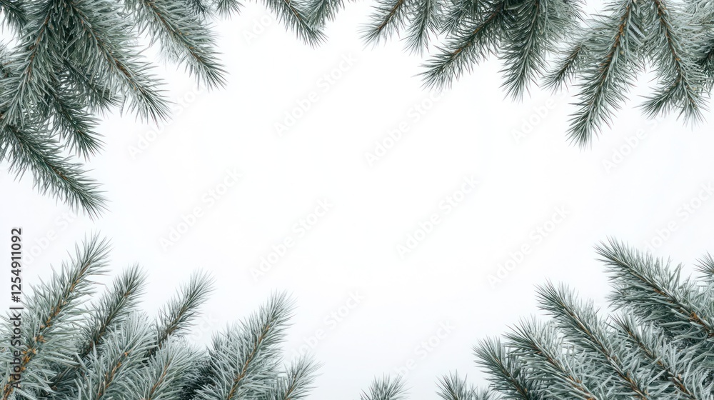 Winter pine branches frame, white background, holiday card Winter pine branches frame, white background, holiday card