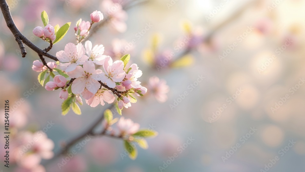 Gentle light illuminates the soft pink cherry blossoms on a blooming tree branch in spring. Gentle light illuminates the soft pink cherry blossoms on a blooming tree branch in spring.