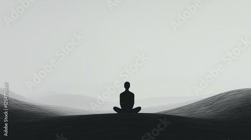 Black illustration aloneness psychology. Person on the mountain photo