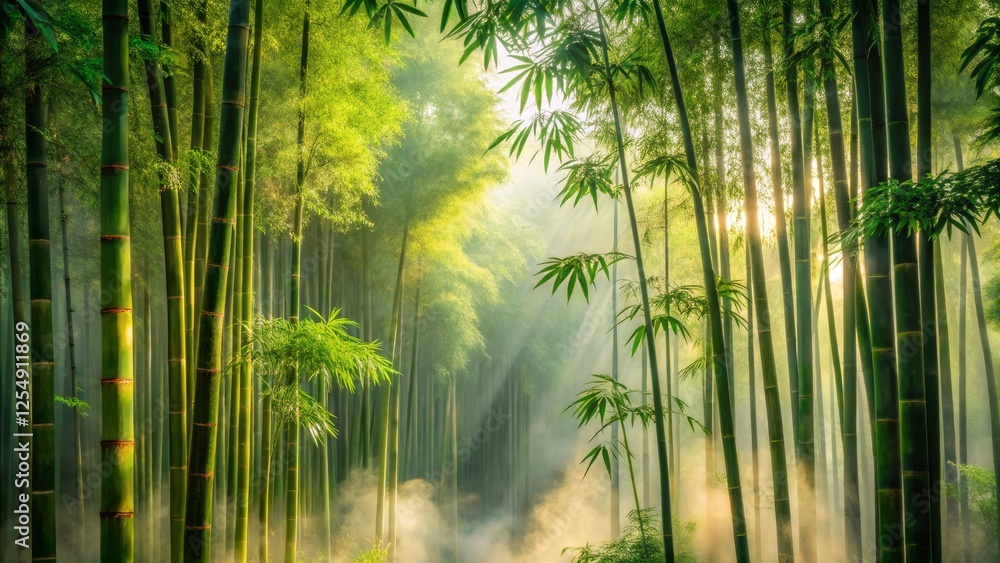 Fototapeta premium Serene Bamboo Forest with Soft Light and Misty Atmosphere