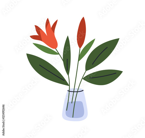 Flowers in glass vase. Blooming buds, leaves, cut stems in water. Spring blos...
