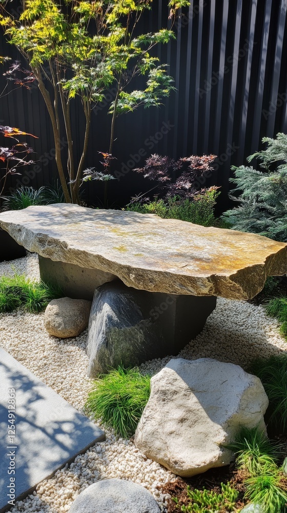 Obraz premium Stone garden table surrounded by plants and decorative rocks in a serene outdoor setting