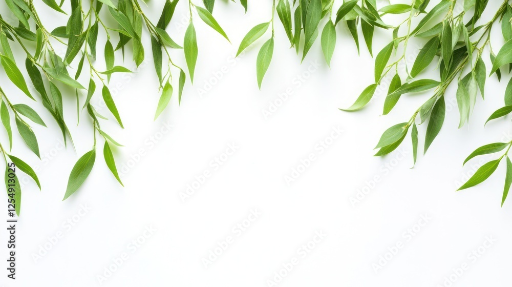 Naklejka premium Green leaves border on white background; nature, spring, design