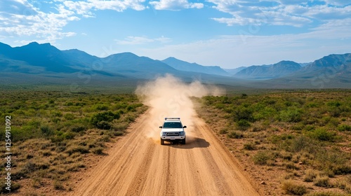 Border patrol vehicle kicking up dust as it speeds toward a group of migrants crossing a remote area of desert scrubland 