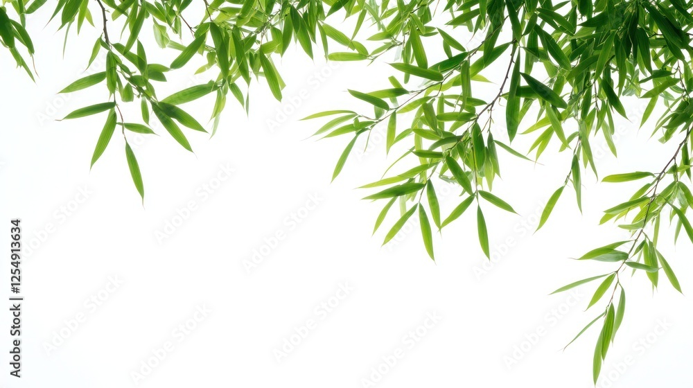 Lush green bamboo leaves frame white background; nature backdrop Lush green bamboo leaves frame white background; nature backdrop