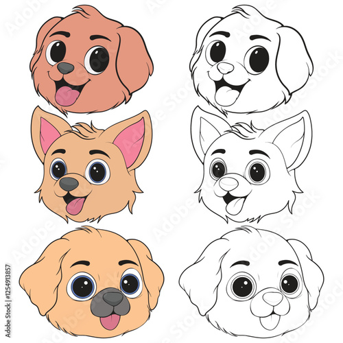 Bundling set Head Dog Character Illustration, Coloring Book Page with Dog, Isolated Head Dog with white Background.