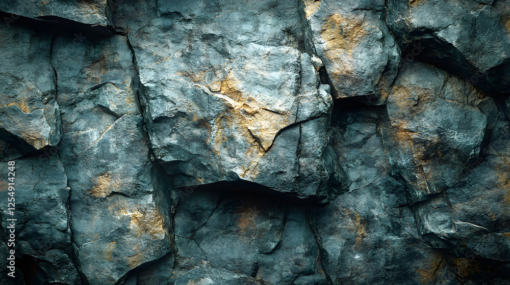 Dark Stone Wall with Rough Fractured Textures and Metallic Highlights Dark Stone Wall with Rough Fractured Textures and Metallic Highlights