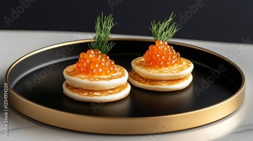 Crispy blinis topped with red caviar and dill elegant presentation on a dark wooden plate luxurious Russian cuisine theme  photo